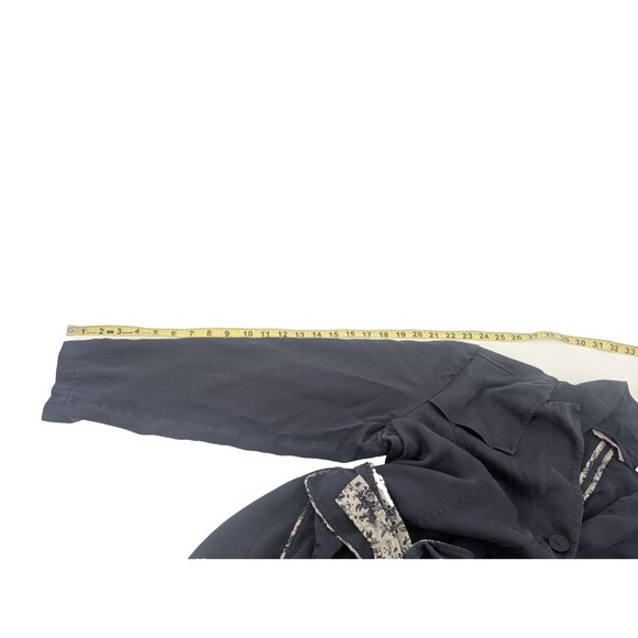 Laurie Felt Navy Blue Floral Trim Belted Button Up Collared Jacket Size S/M - Picture 6 of 10